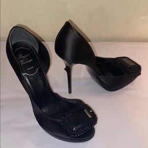 Roger Vivier black satin peep toe d’Orsay high heel evening shoes Sz 36.5